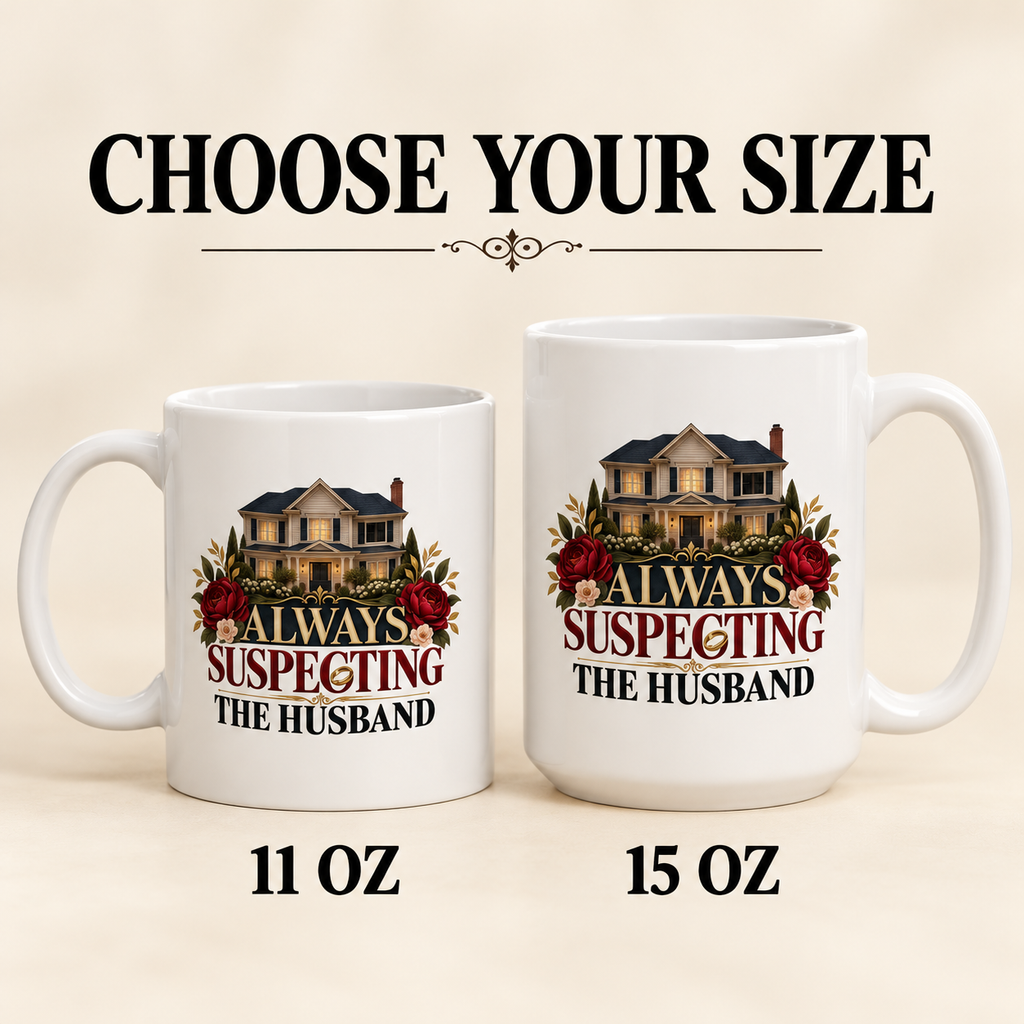 White mugs labeled 11 oz and 15 oz on a cream background, both with a house, red roses and “Always Suspecting the Husband” lettering beneath “Choose Your Size.”