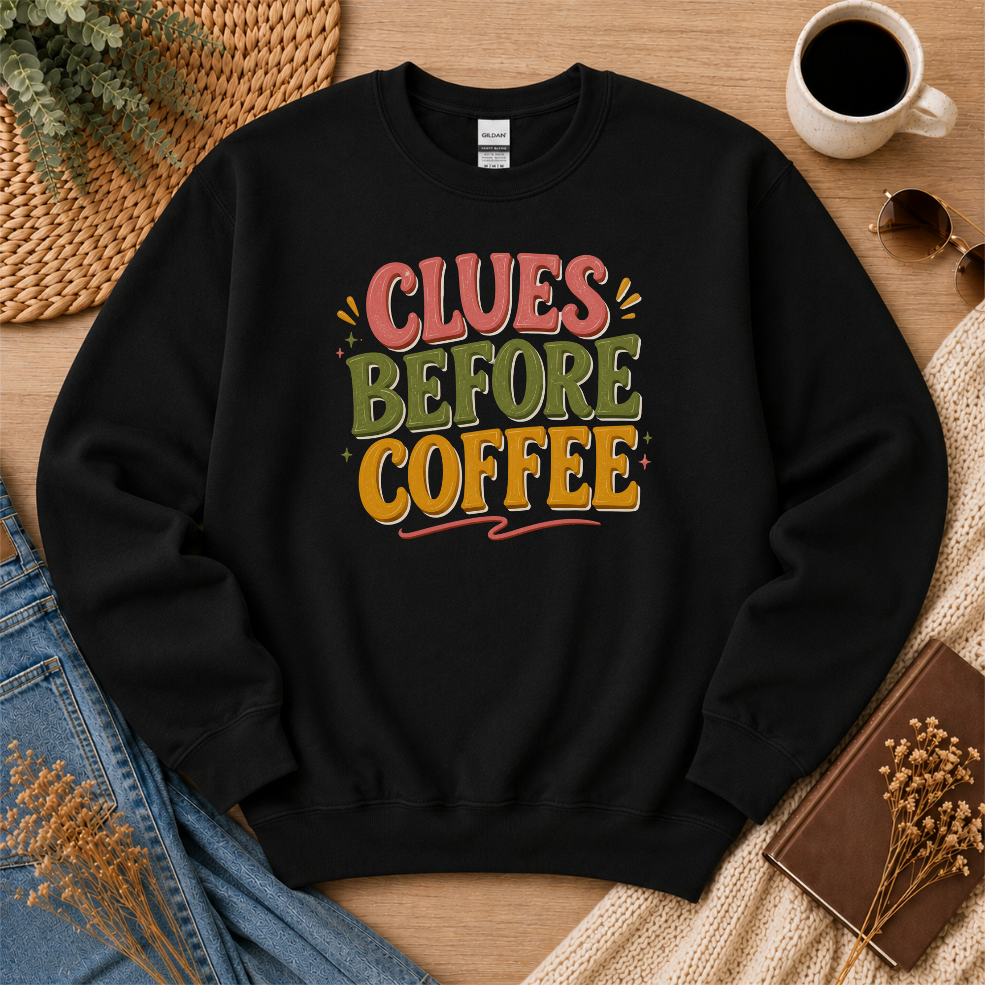 Clues Before Coffee Sweatshirt, Mystery Reader Sweatshirt, Cozy Mystery Gift, Detective Book Lover Crewneck, Bookish Apparel