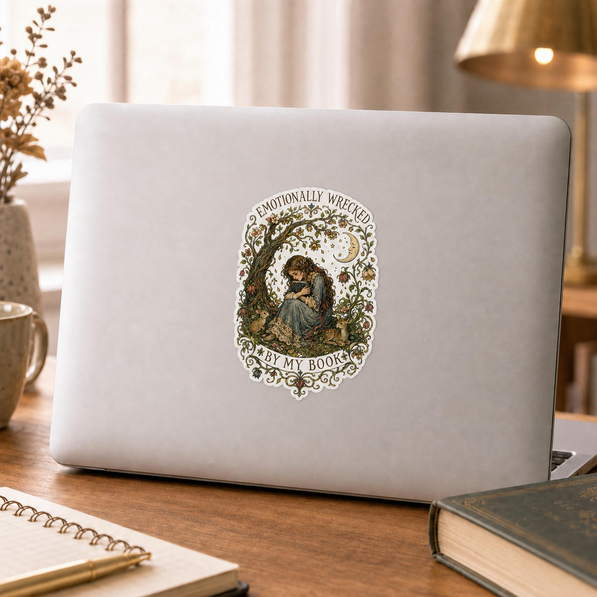 “Emotionally Wrecked by My Book” sticker with a tearful reader beneath a flowering tree, surrounded by woodland animals, vines, and a crescent moon, shown on a silver laptop.