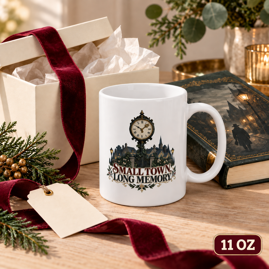11 oz “Small Town, Long Memory” mug beside a ribbon-wrapped gift, evergreen sprigs, and a dark mystery novel.