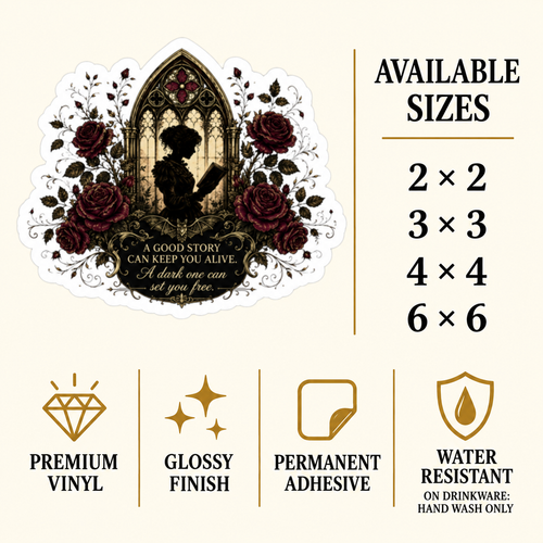 Size and care guide showing a reader silhouette in a gothic window surrounded by roses and the text “A good story can keep you alive. A dark one can set you free.” Sizes: 2 × 2, 3 × 3, 4 × 4, and 6 × 6 inches; premium vinyl, glossy finish, permanent adhesive, water resistant; hand wash only on drinkware.