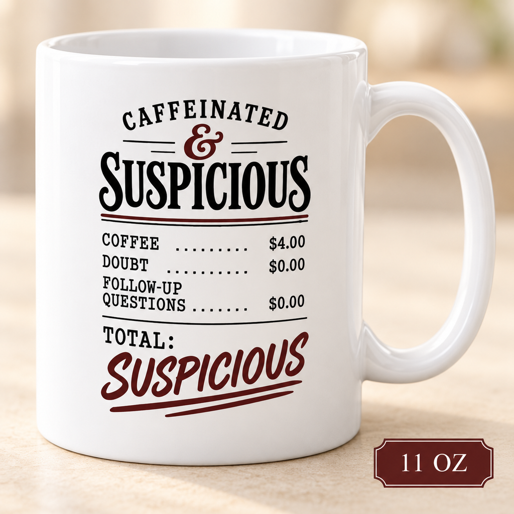 Close-up of an 11 oz “Caffeinated & Suspicious” mug with a printed receipt: coffee $4.00, doubt $0.00, follow-up questions $0.00; total: Suspicious.