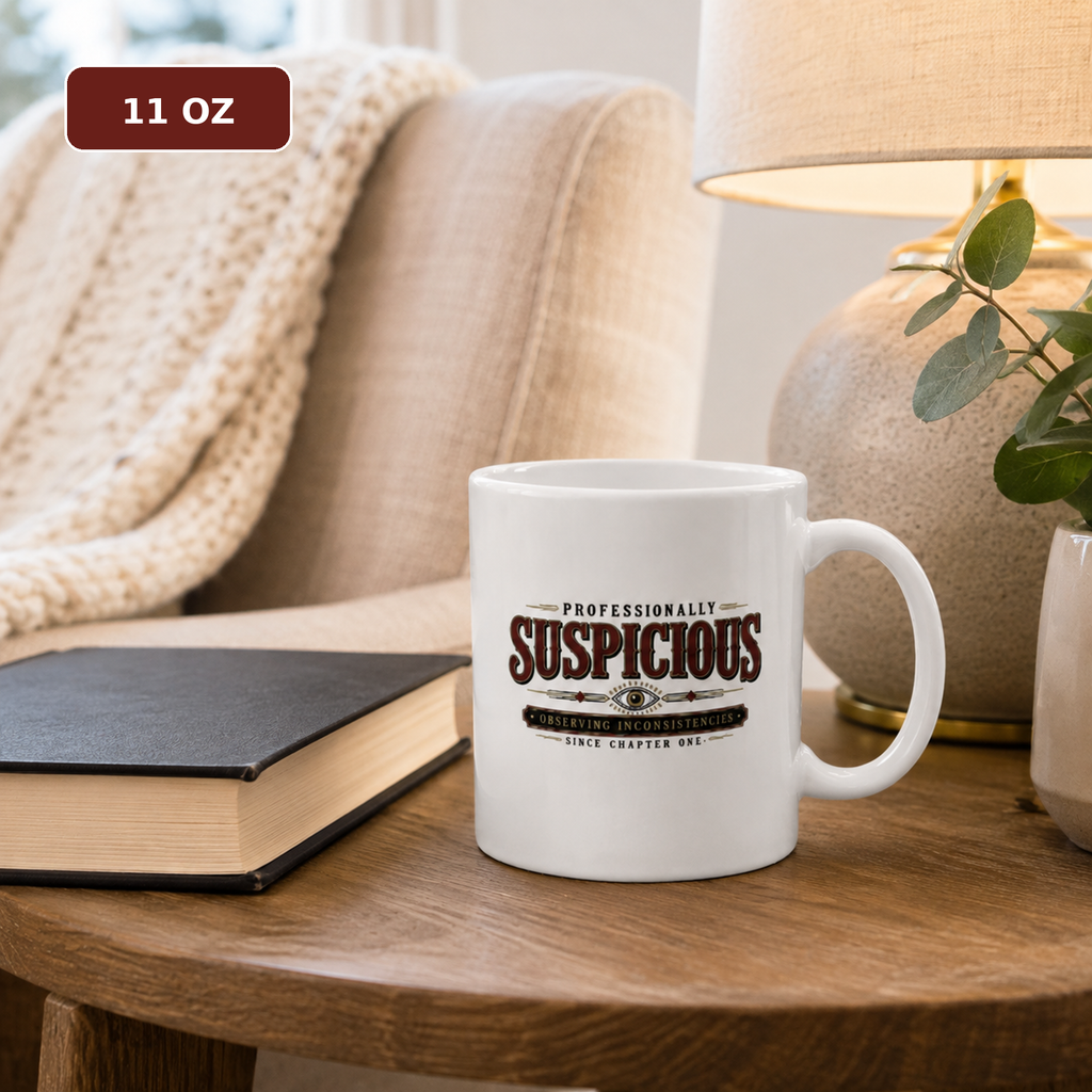 11 oz “Professionally Suspicious” mug on a wooden side table beside closed books and a lamp in a cozy reading area.