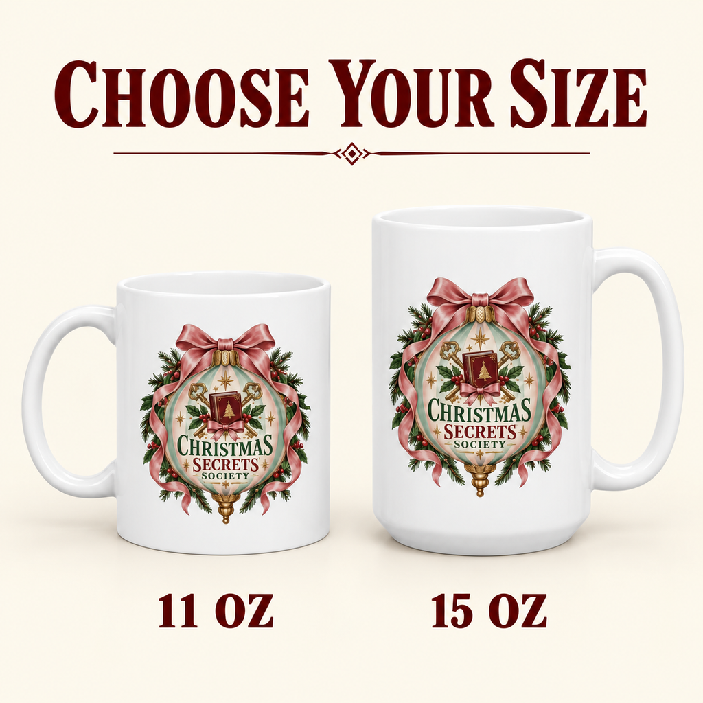 Size comparison showing the Christmas Secrets Society mug in 11-ounce and 15-ounce options.