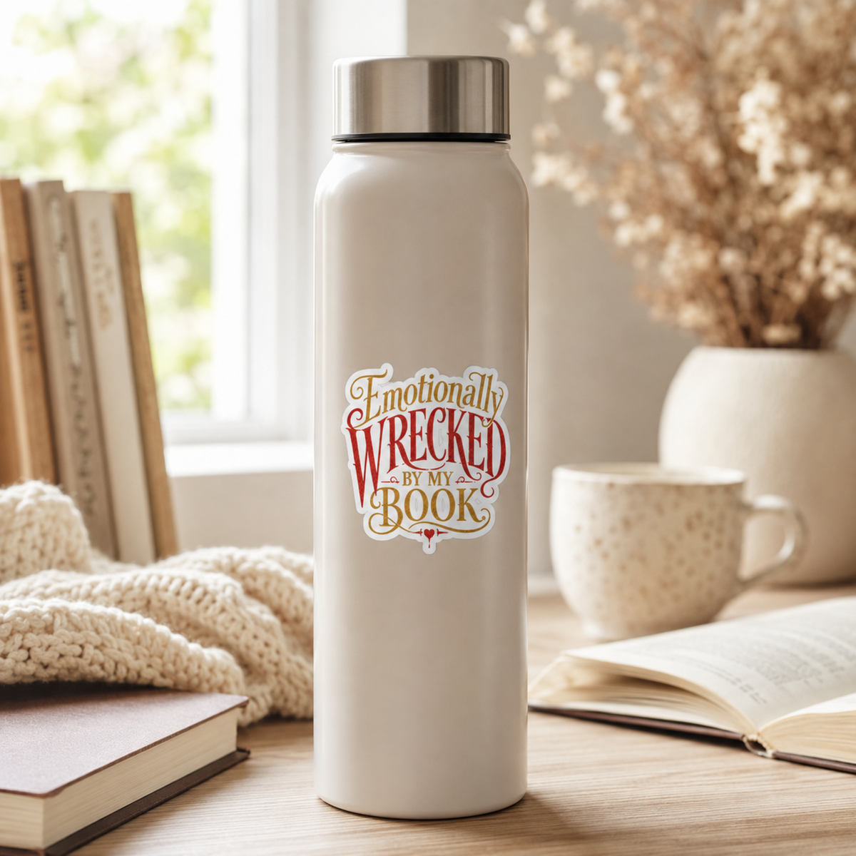 “Emotionally Wrecked by My Book” sticker with ornate red and gold lettering with a small dripping heart, shown on a cream water bottle.
