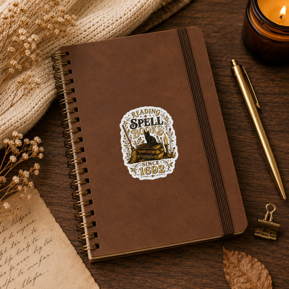 “Reading Spell Books Since 1692” sticker with black and gold lettering, a black cat on antique books, a broom, candle, and botanical flourishes, shown on a brown spiral notebook.