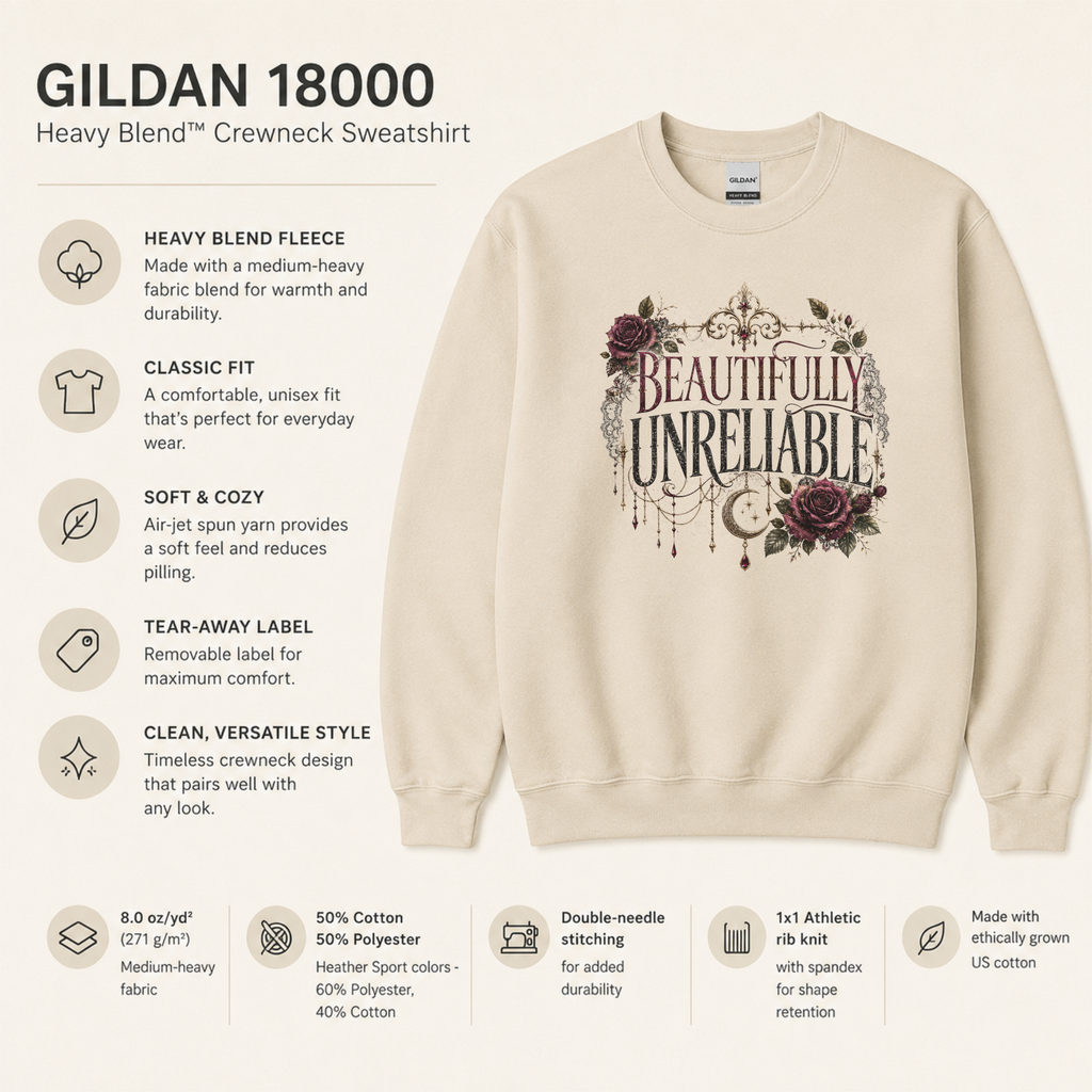 Beautifully Unreliable Sweatshirt, Dark Romance Sweatshirt, Gothic Book Lover Gift, Morally Gray Character Crewneck, Reader Apparel
