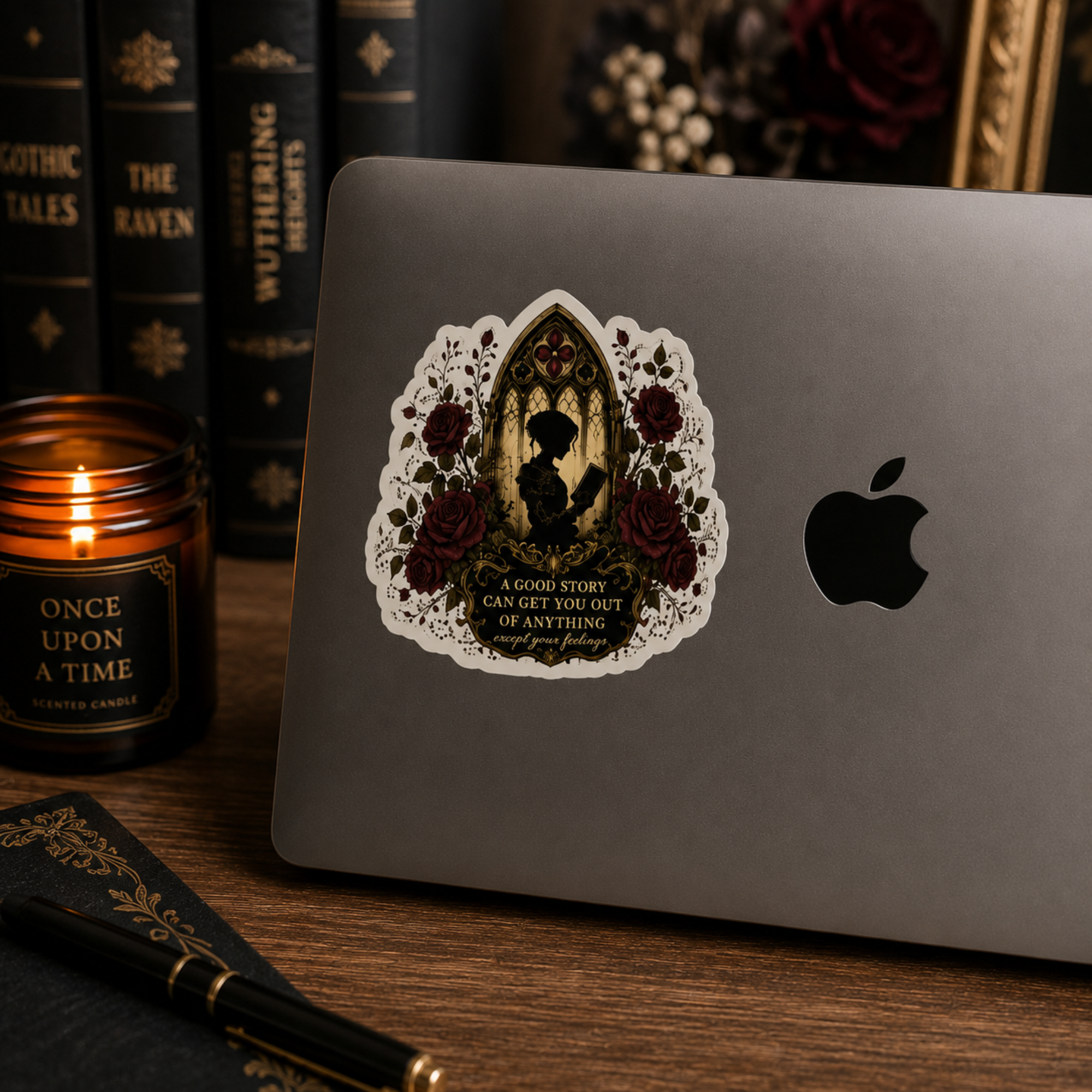Gothic Book Lover Glossy Sticker, Laptop Water Bottle Decor, Dark Academia Reading Gift, Book Lover Gift, Laptop Sticker