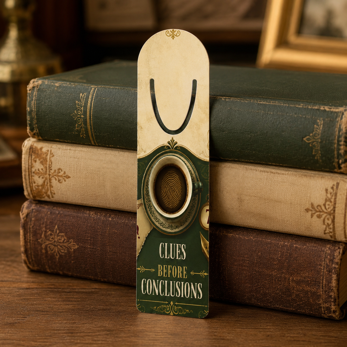 Cream-and-green “Clues Before Conclusions” aluminum bookmark propped against stacked antique-style books.