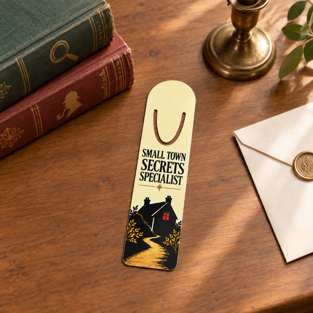 “Small Town Secrets Specialist” house-and-path bookmark on a wooden desk beside vintage books and a wax-sealed envelope.