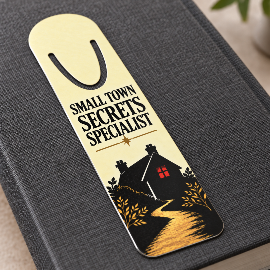 Close-up of a gold “Small Town Secrets Specialist” bookmark with a winding path and black house with a red-lit window on a dark clothbound book.