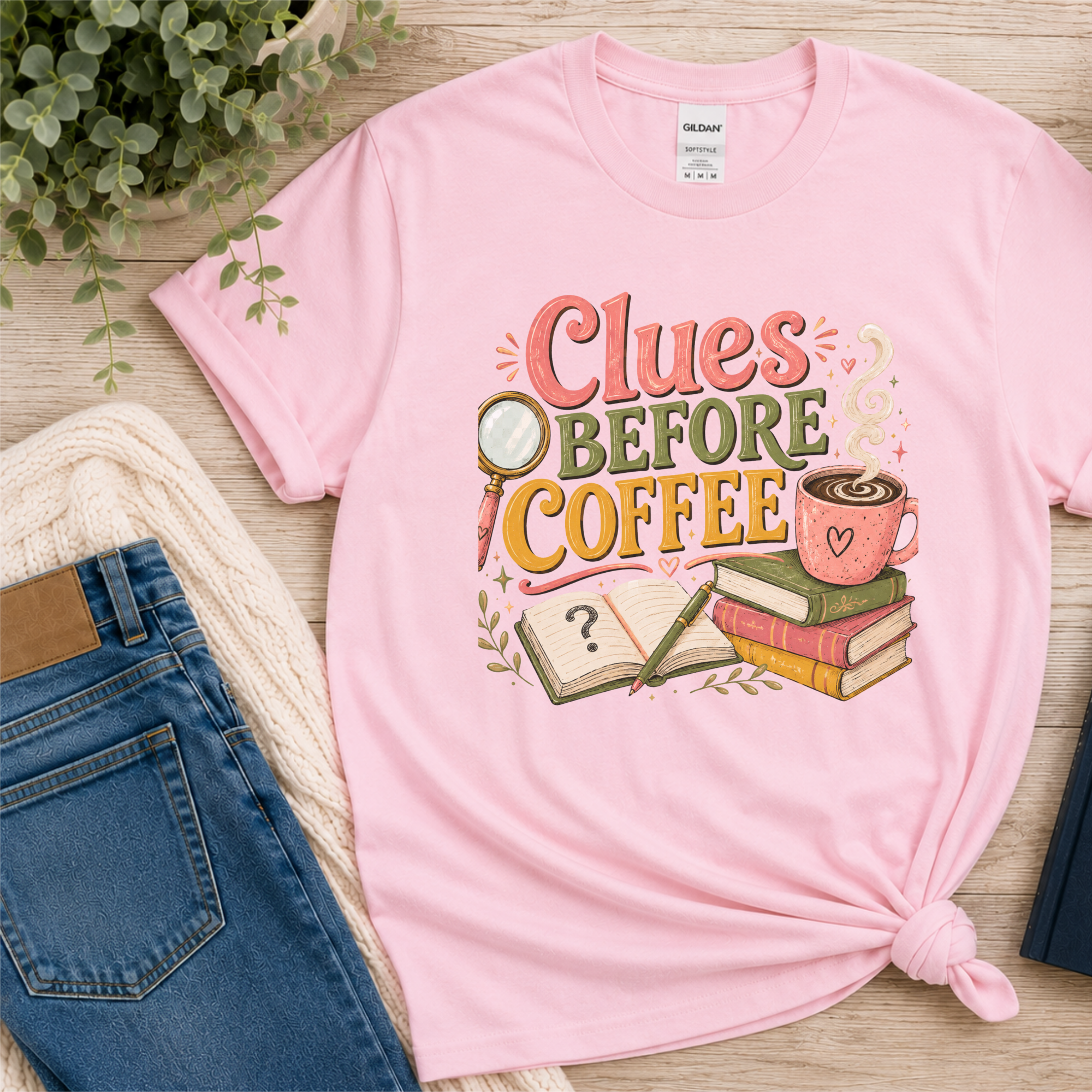 Clues Before Coffee Shirt, Mystery Reader T-Shirt, Cozy Mystery Book Lover Tee, Detective Fiction Gift, Book Club Reading Shirt