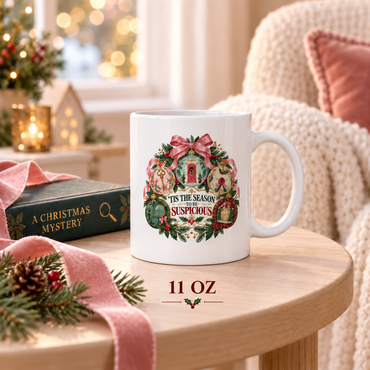 11-ounce “’Tis the Season to Be Suspicious” mug on a round wooden table beside a vintage Christmas mystery book, pink ribbon, evergreen and pinecones.