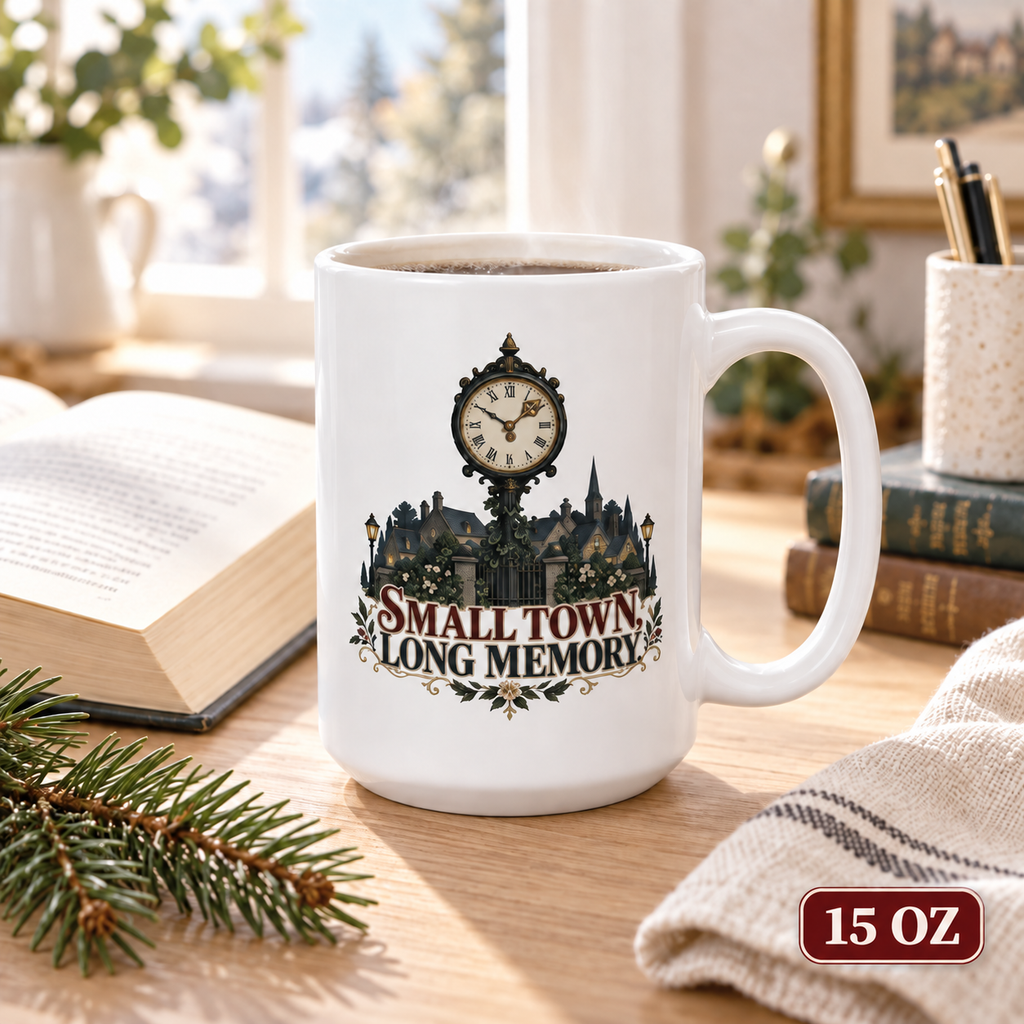15 oz white ceramic mug featuring a clock above a shadowy town and the words “Small Town, Long Memory,” beside an open book on a sunlit desk.