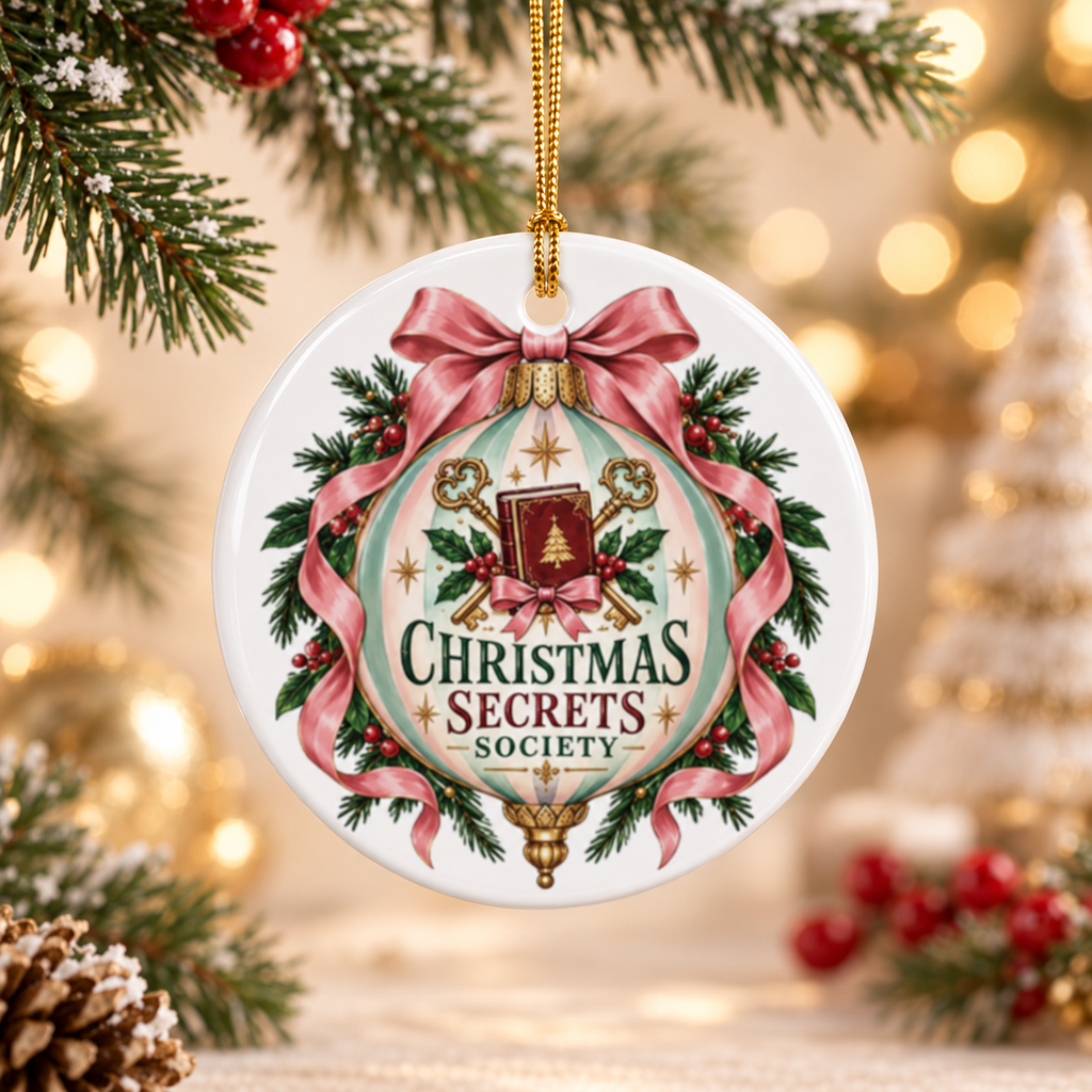 Close-up of the Christmas Secrets Society ornament hanging beneath evergreen branches with pinecones, red berries and softly glowing holiday lights.