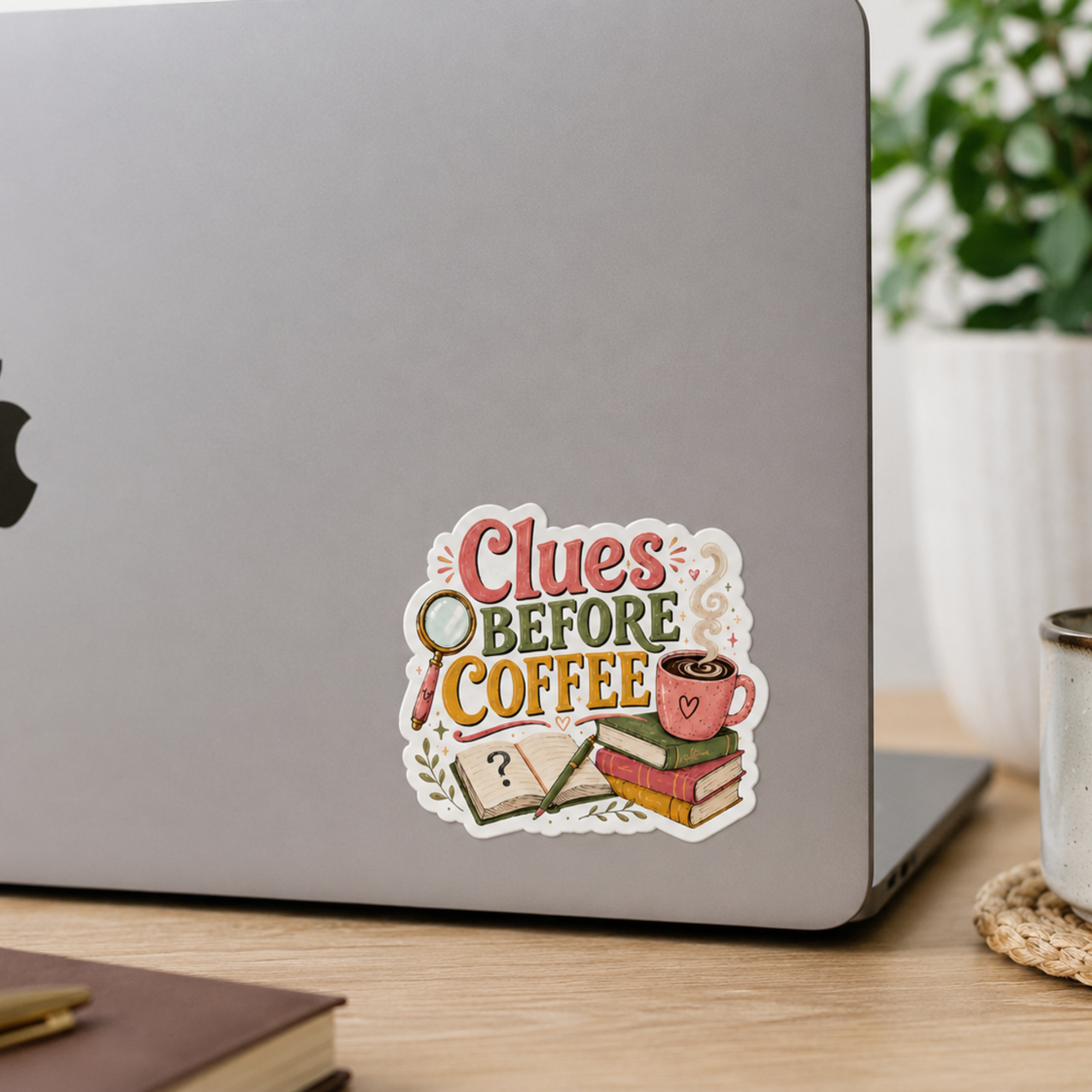 Clues Before Coffee Sticker, Mystery Reader Sticker, Cozy Mystery Book Lover Decal, Detective Fiction Laptop Sticker, Reader Gift