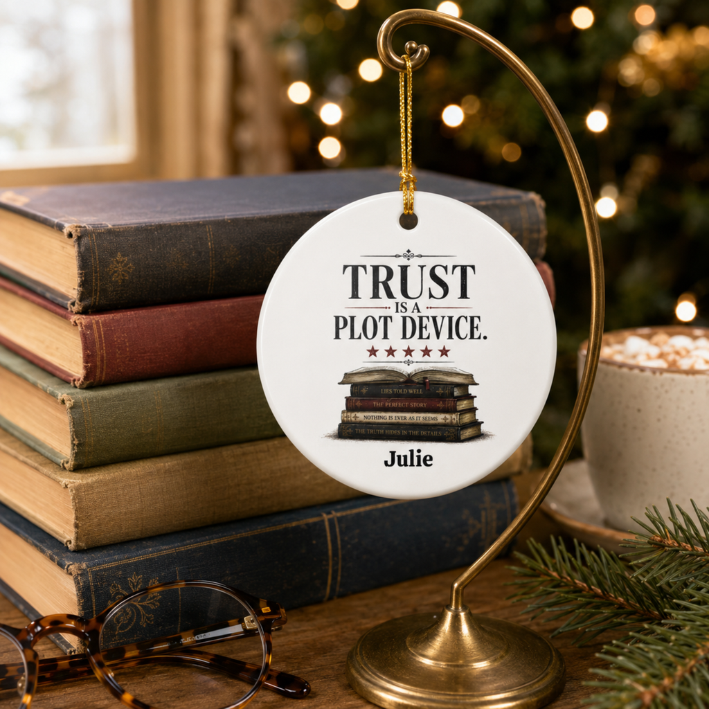 Personalized Book Lover Ornament, Trust Is a Plot Device Ceramic Christmas Ornament, Reader Gift, Literary Decor