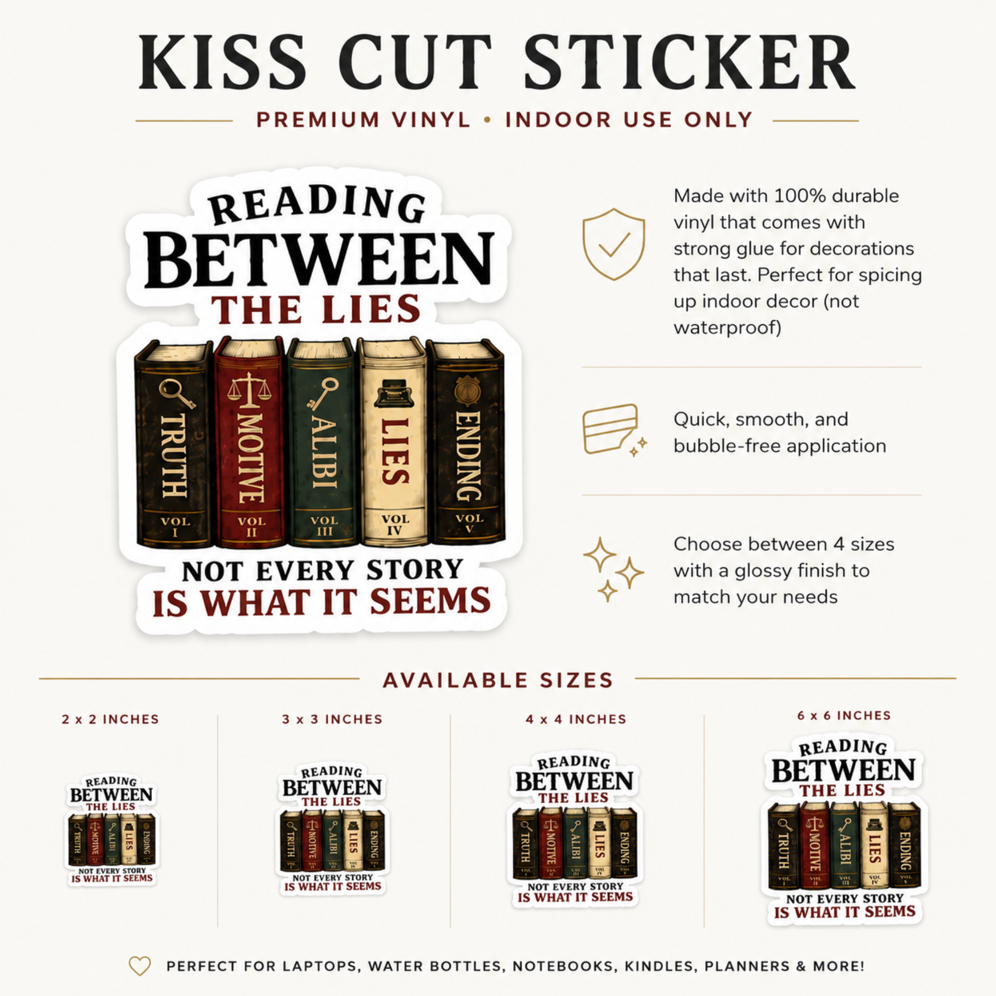 Reading Between the Lies Sticker, Thriller Book Lover Sticker, Mystery Reader Gift, Bookish Vinyl Decal, Kindle Laptop Water Bottle
