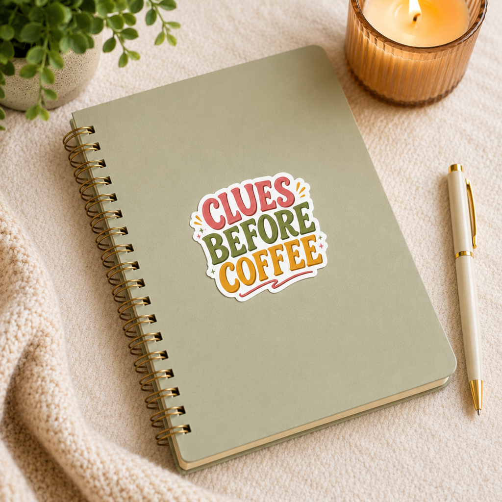 Clues Before Coffee Sticker, Mystery Reader Sticker, Cozy Mystery Gift, Book Lover Laptop Sticker, Detective Bookish Vinyl Decal