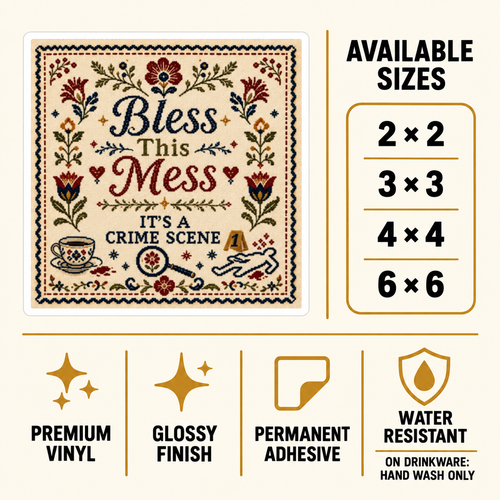 Size and care guide for the “Bless This Mess” sticker: 2 × 2, 3 × 3, 4 × 4, and 6 × 6 inches; premium vinyl, glossy finish, permanent adhesive, water resistant; hand wash only on drinkware.