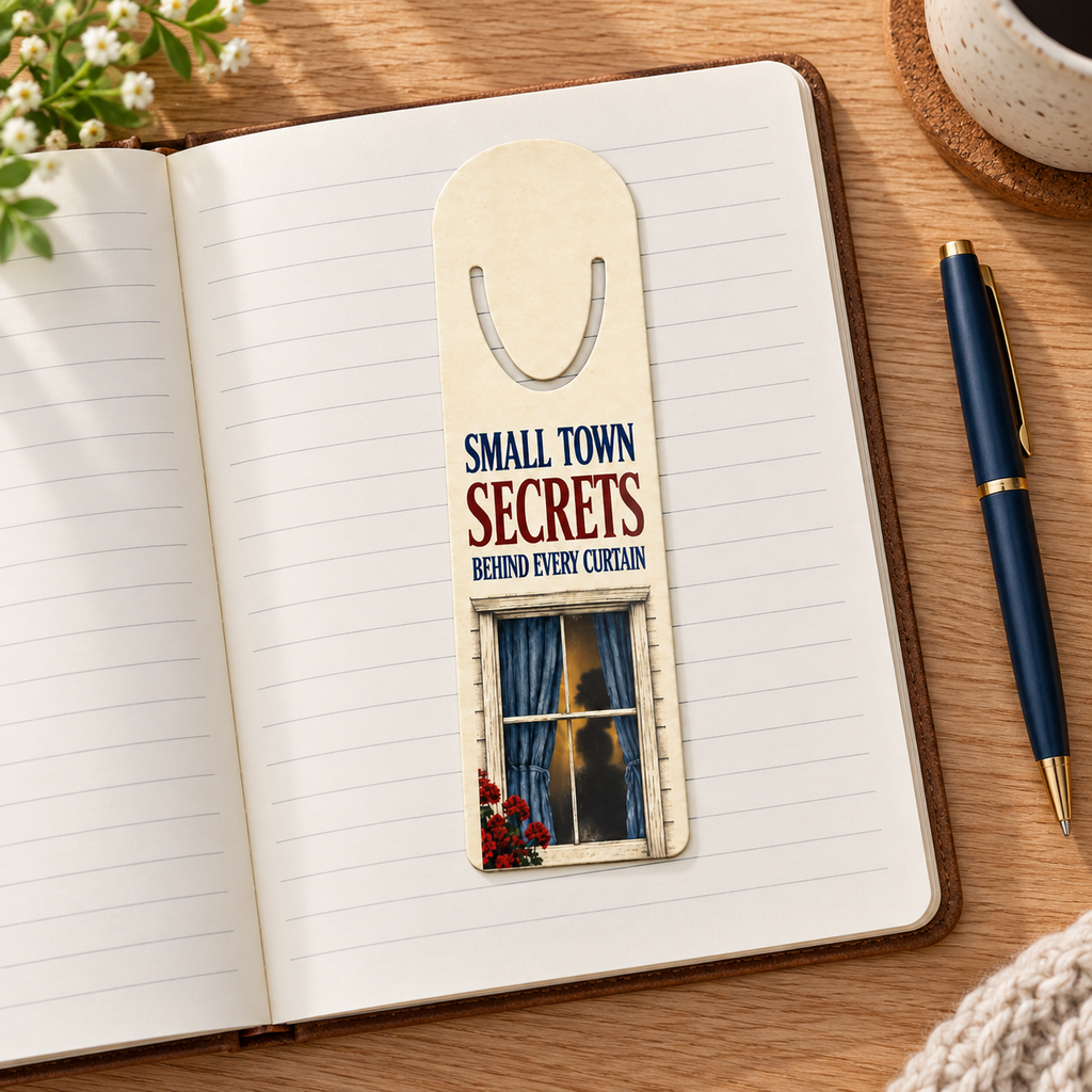 “Small Town Secrets Behind Every Curtain” window-design bookmark laid on the lined page of an open notebook beside a blue pen.