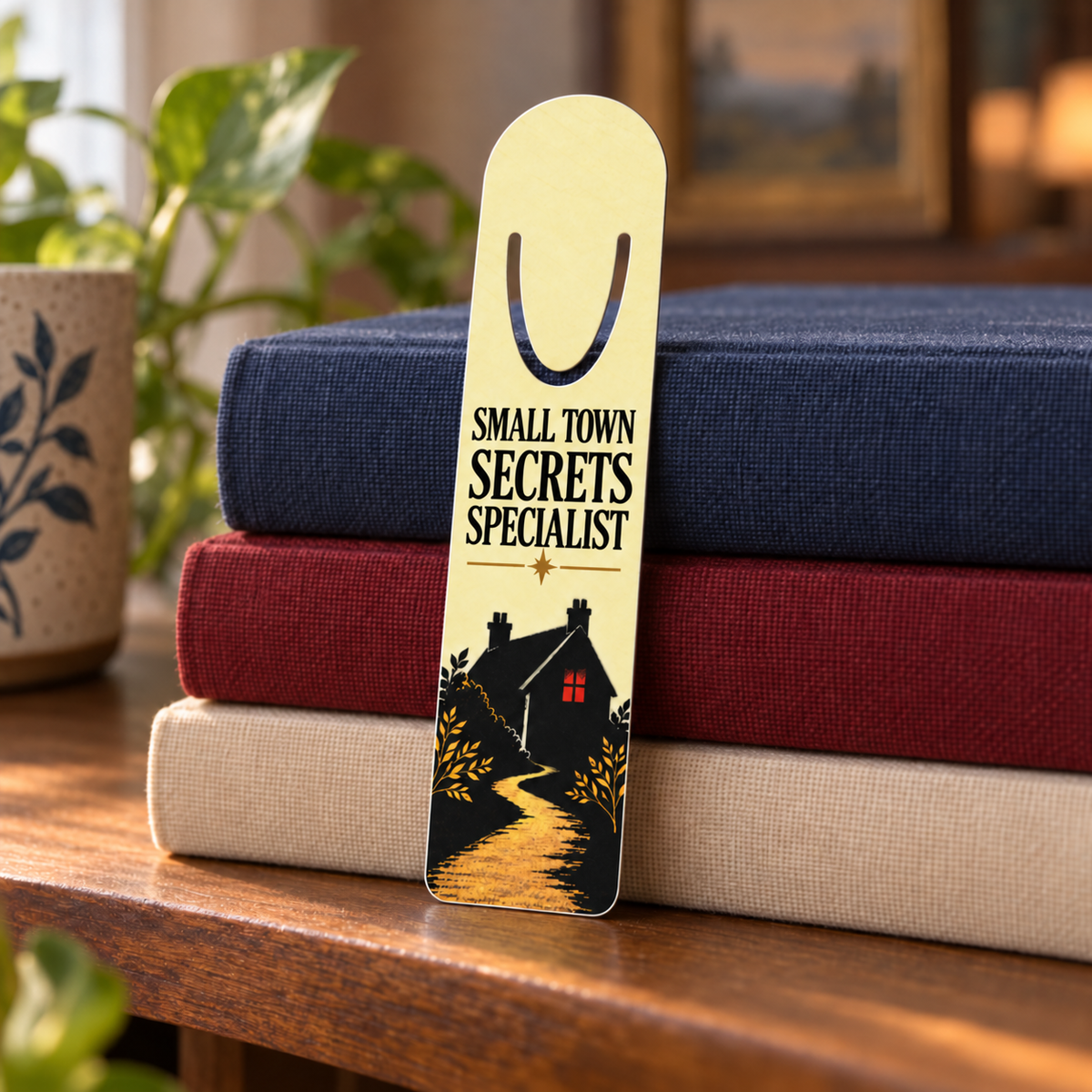 “Small Town Secrets Specialist” bookmark with a black house and winding golden path propped against stacked navy, red, and cream books.