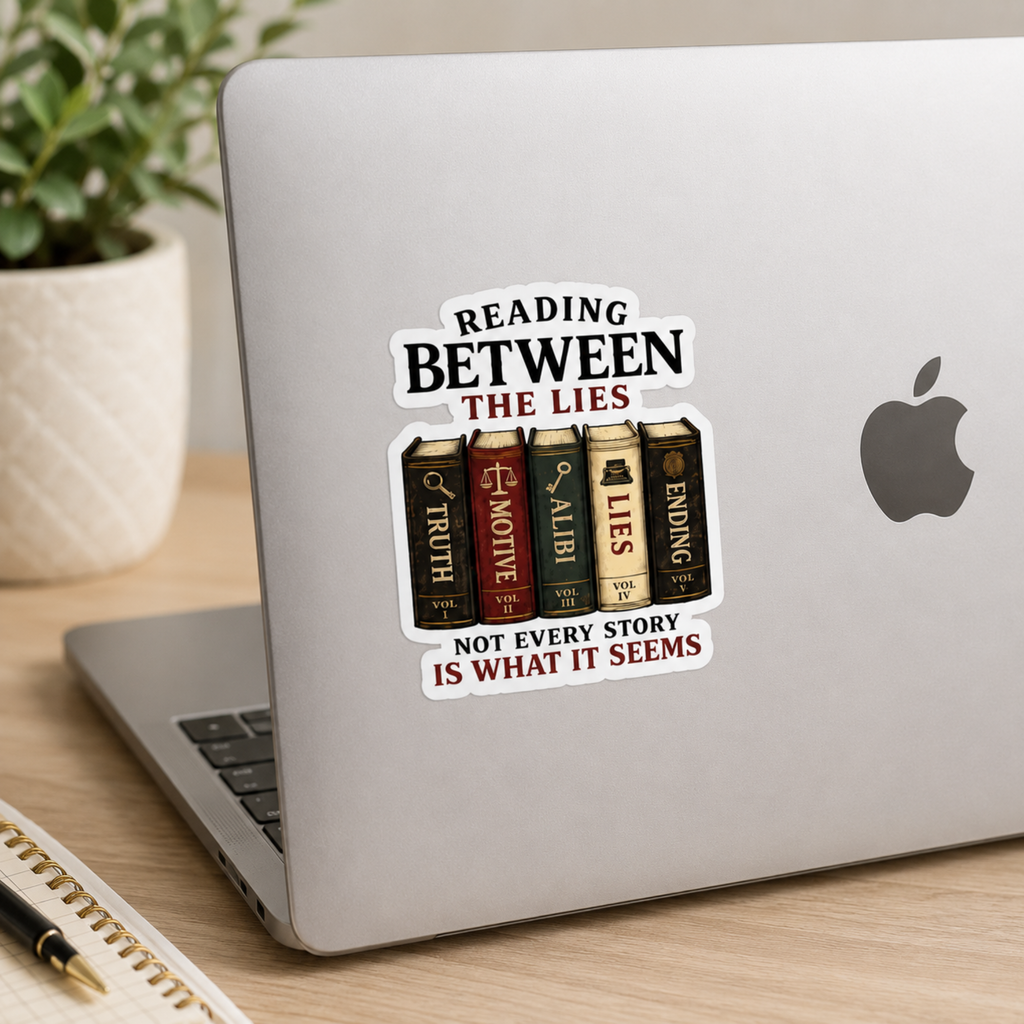 Reading Between the Lies Sticker, Thriller Book Lover Sticker, Mystery Reader Gift, Bookish Vinyl Decal, Kindle Laptop Water Bottle