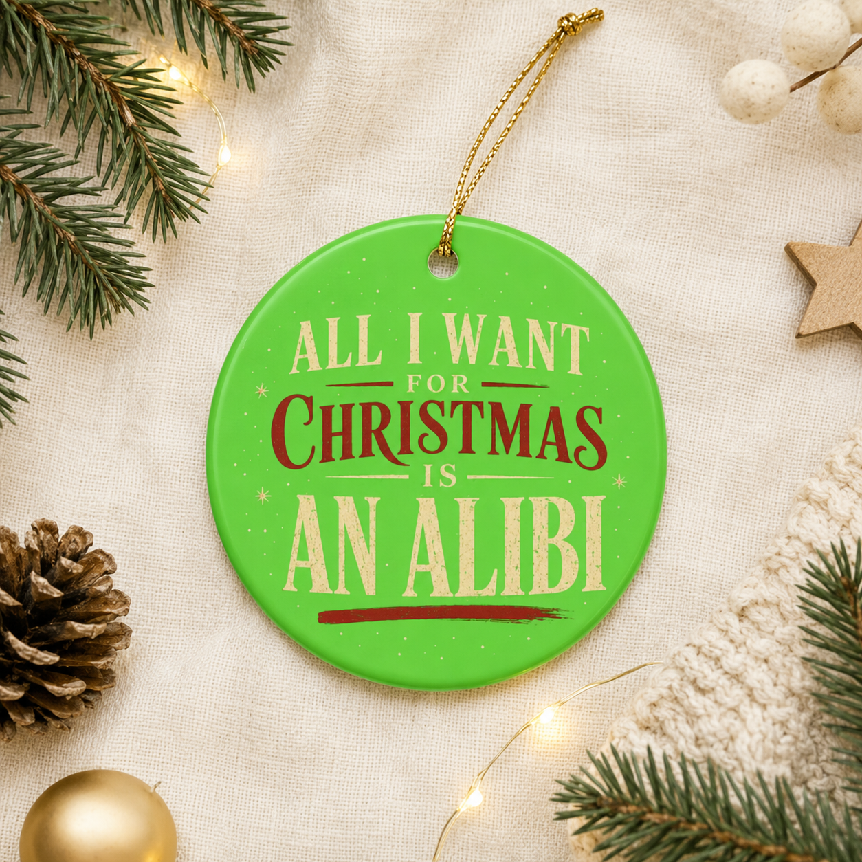 All I Want for Christmas Is an Alibi Ornament, Funny Christmas Ornament, Crime Lover Gift, Green Holiday Tree Decor, Bookish Gift Idea
