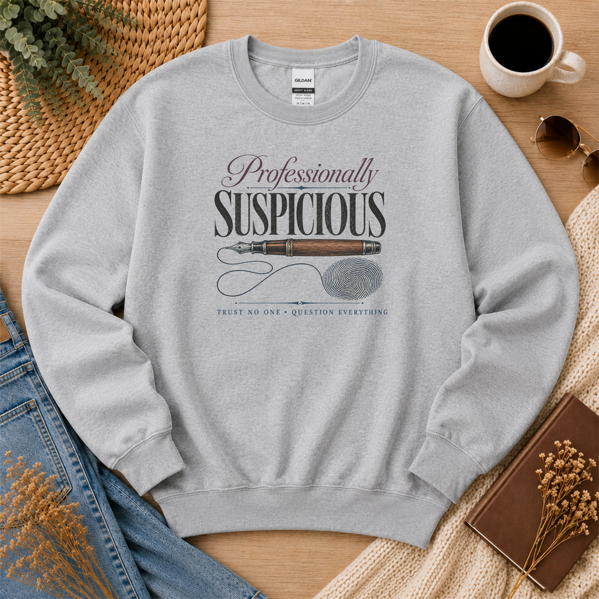 Sport gray crewneck sweatshirt laid flat with a fountain pen and fingerprint and the words “Professionally Suspicious. Trust No One. Question Everything.”
