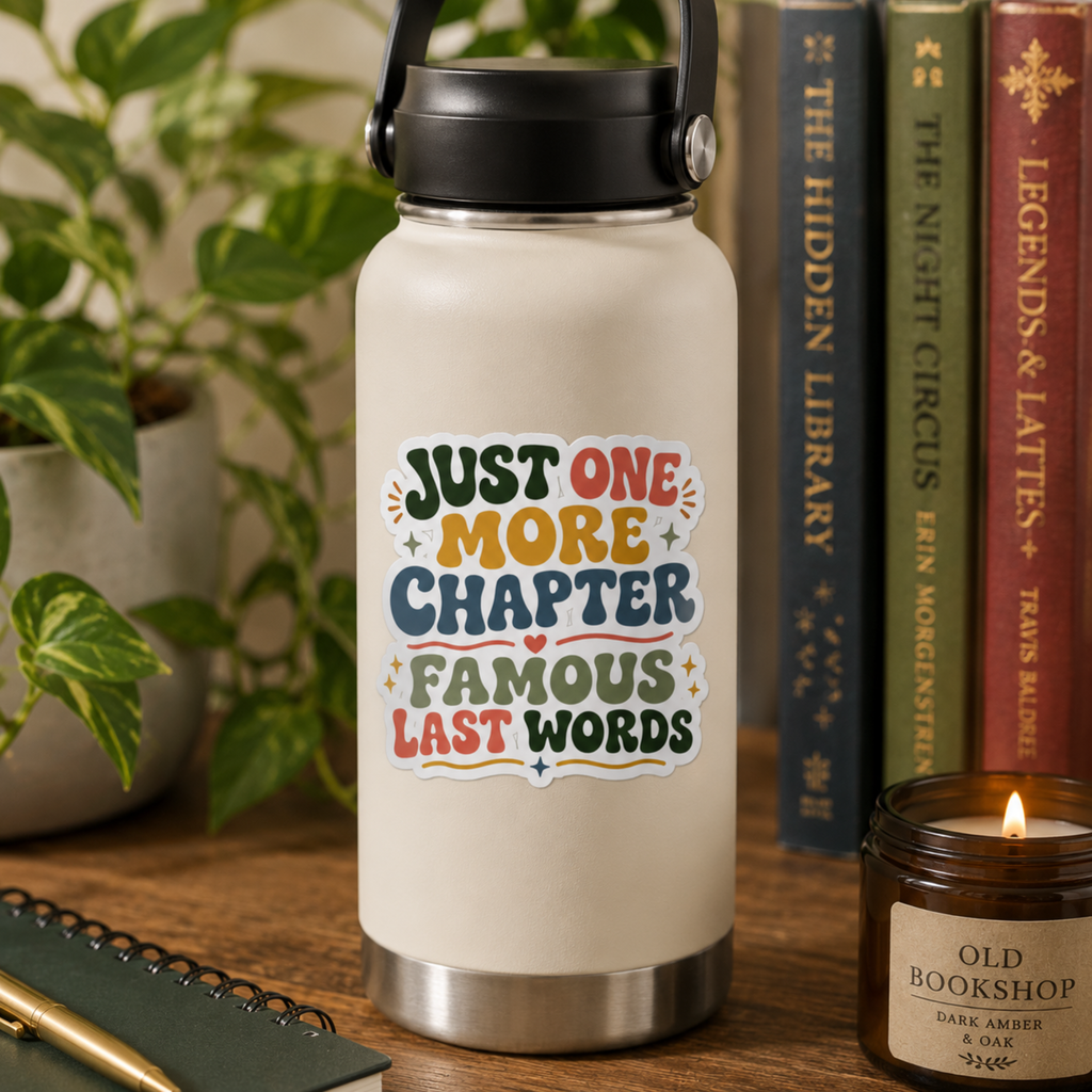 “Just One More Chapter. Famous Last Words” sticker with green, coral, gold, and blue retro lettering with hearts and sparkles, shown on a cream water bottle.