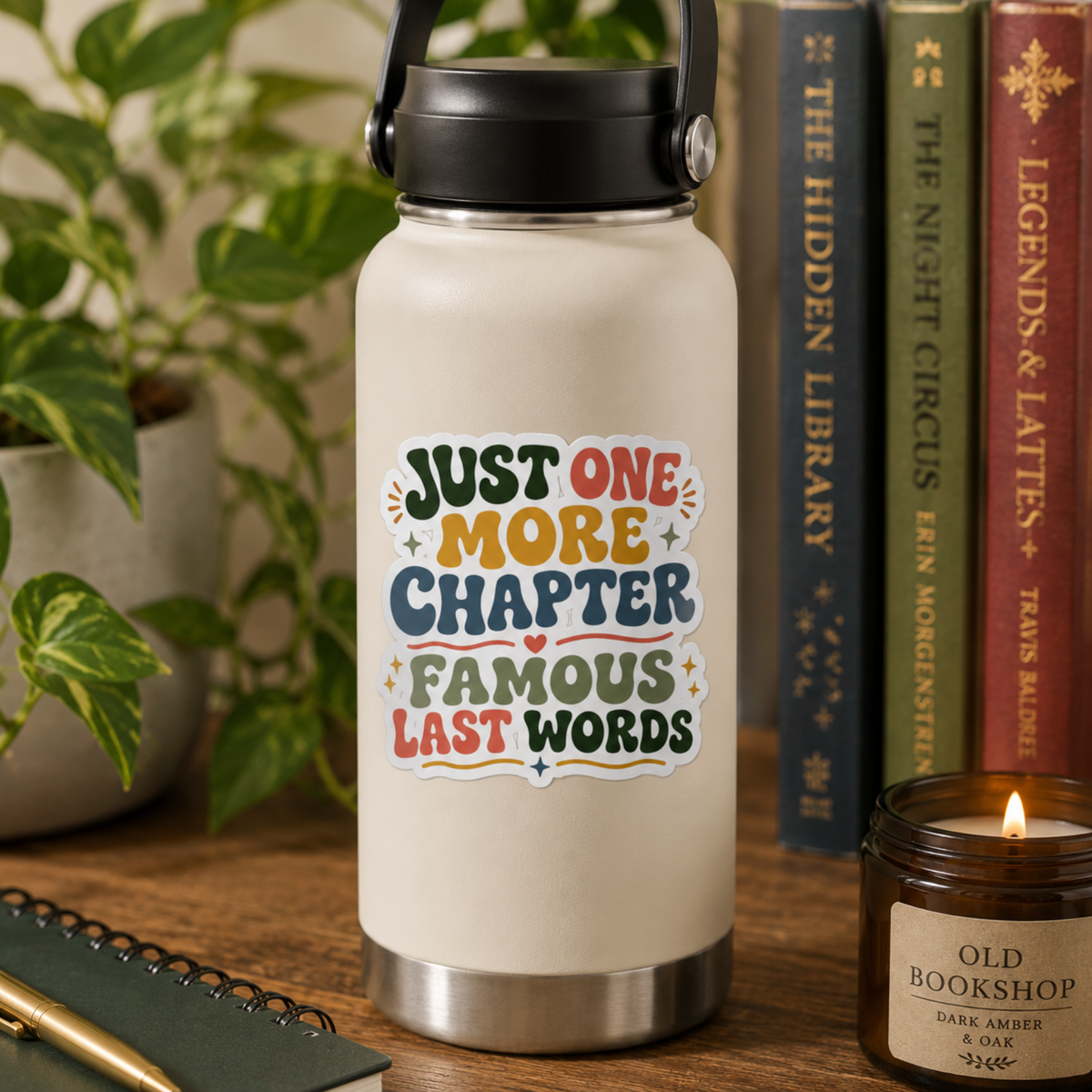 “Just One More Chapter. Famous Last Words” sticker with green, coral, gold, and blue retro lettering with hearts and sparkles, shown on a cream water bottle.