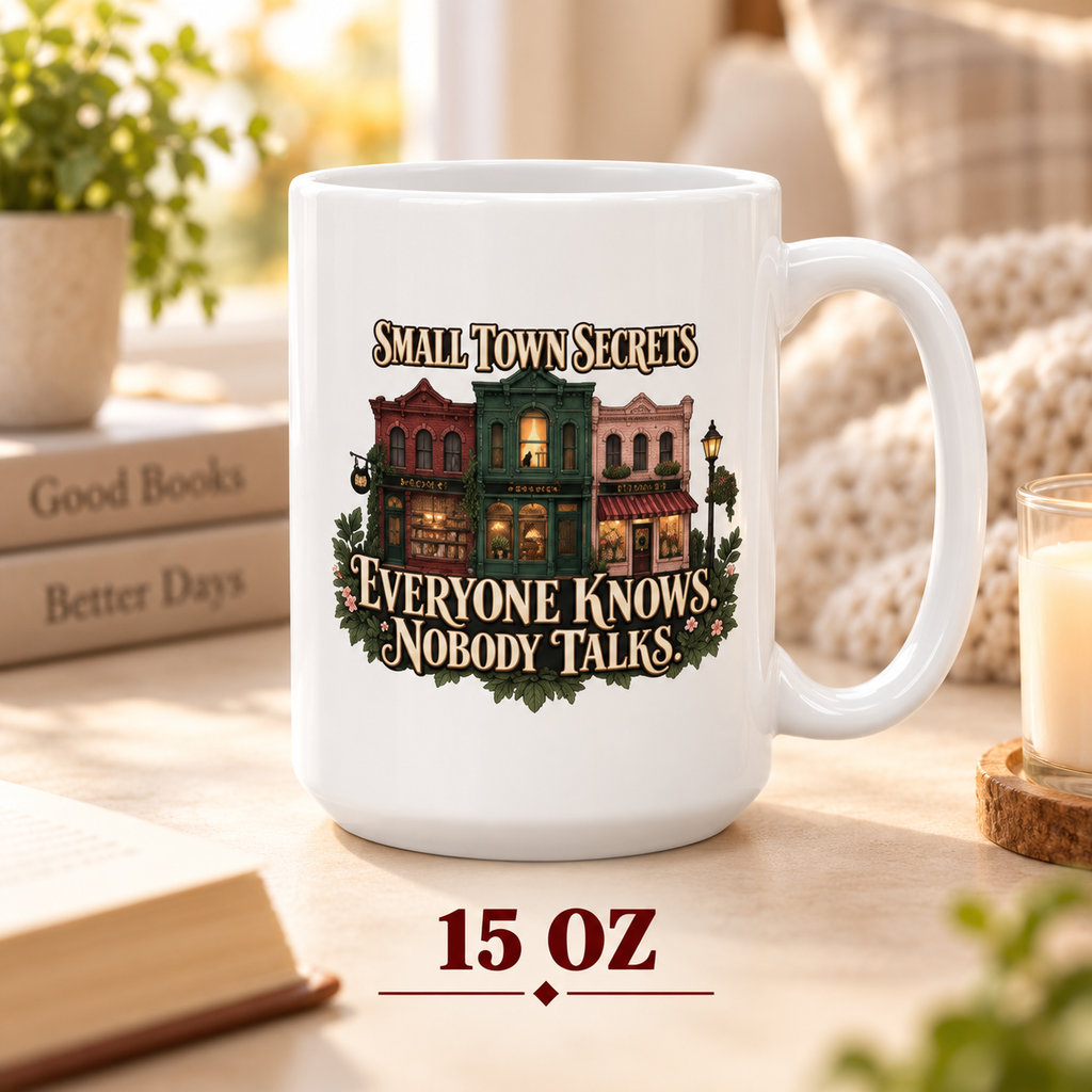 15-ounce Small Town Secrets mug featuring vintage storefronts and “Everyone Knows. Nobody Talks.” in a cozy reading nook with books, candle and soft window light.