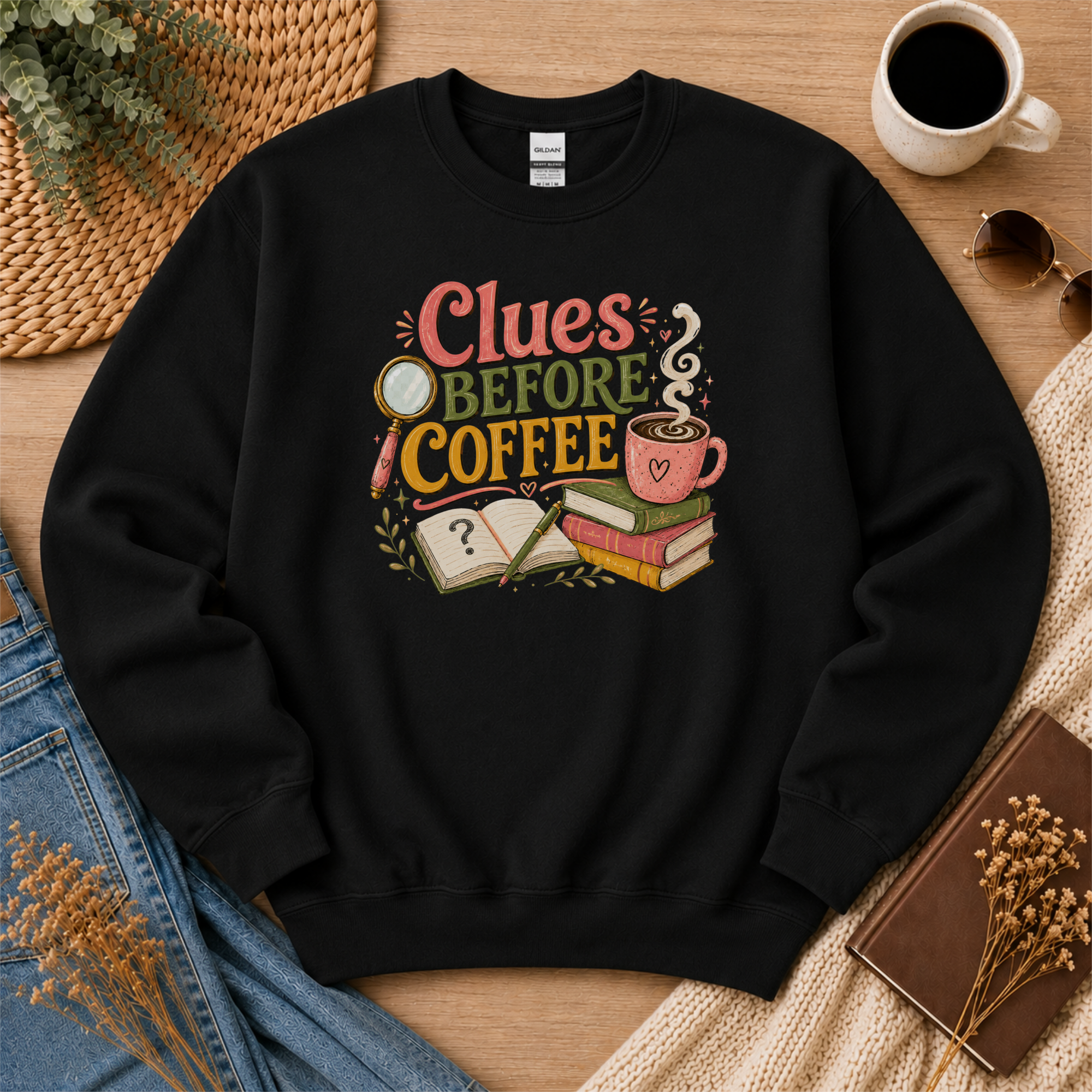 Clues Before Coffee Sweatshirt, Mystery Reader Sweatshirt, Cozy Mystery Gift, Book Lover Crewneck, Detective Reader Apparel