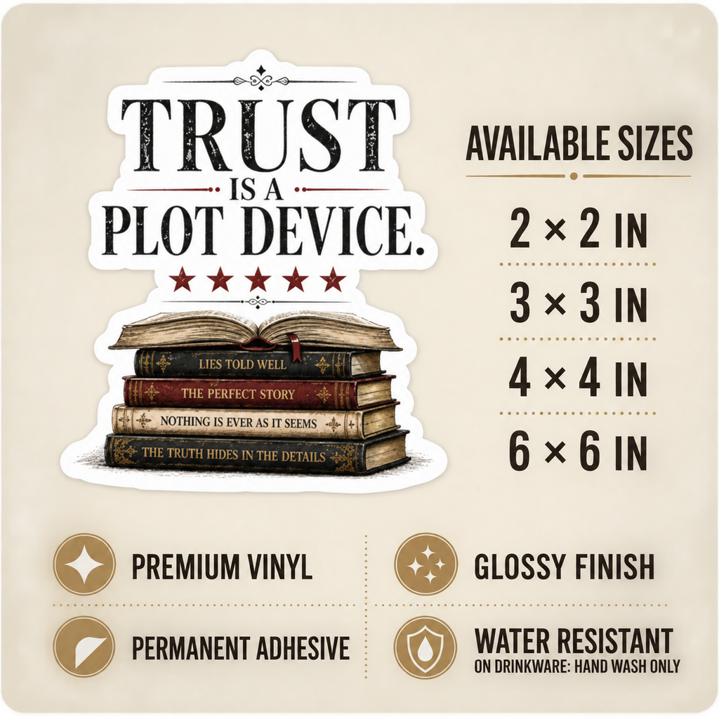 Size and care guide for the “Trust Is a Plot Device” sticker: 2 × 2, 3 × 3, 4 × 4, and 6 × 6 inches; premium vinyl, glossy finish, permanent adhesive, water resistant; hand wash only on drinkware.
