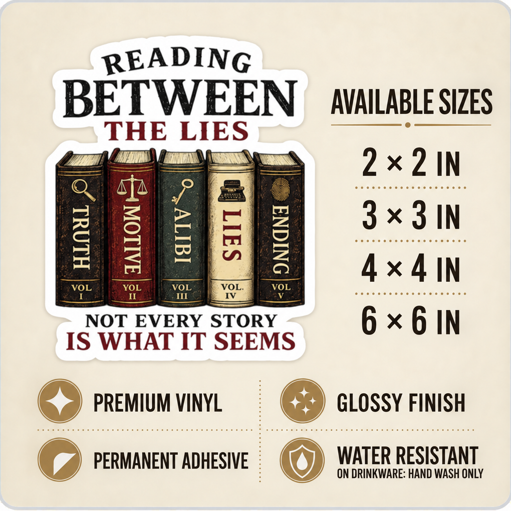 Size and care guide for the “Reading Between the Lies” sticker: 2 × 2, 3 × 3, 4 × 4, and 6 × 6 inches; premium vinyl, glossy finish, permanent adhesive, water resistant; hand wash only on drinkware.