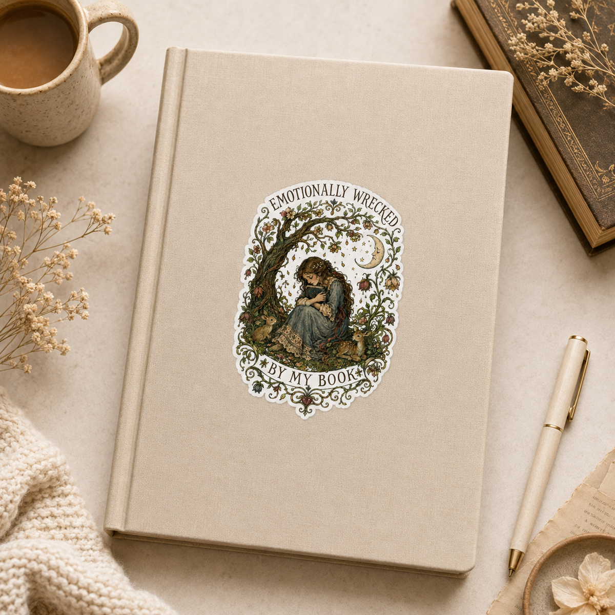 “Emotionally Wrecked by My Book” sticker with a tearful reader beneath a flowering tree, surrounded by woodland animals, vines, and a crescent moon, shown on a beige journal.