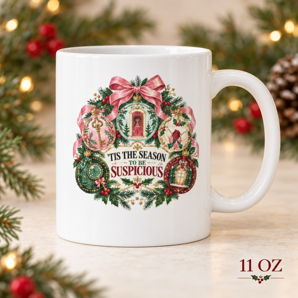 11-ounce “’Tis the Season to Be Suspicious” mug featuring vintage baubles with a key, red door, magnifying glass and sealed letter, styled with evergreen and holiday lights.