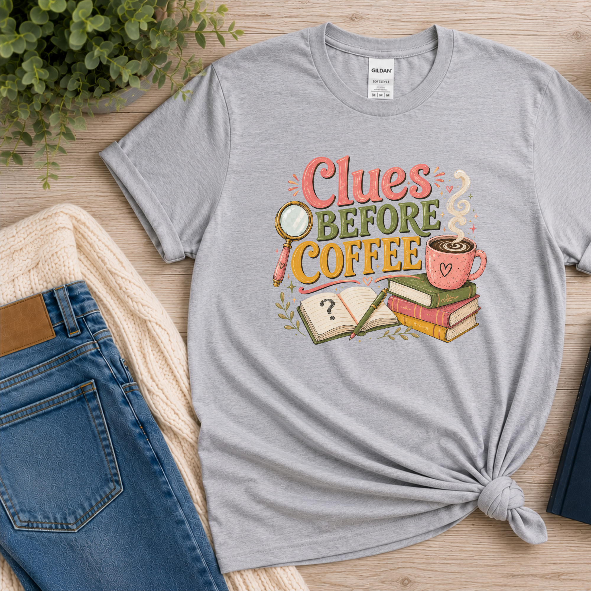 Clues Before Coffee Shirt, Mystery Reader T-Shirt, Cozy Mystery Book Lover Tee, Detective Fiction Gift, Book Club Reading Shirt