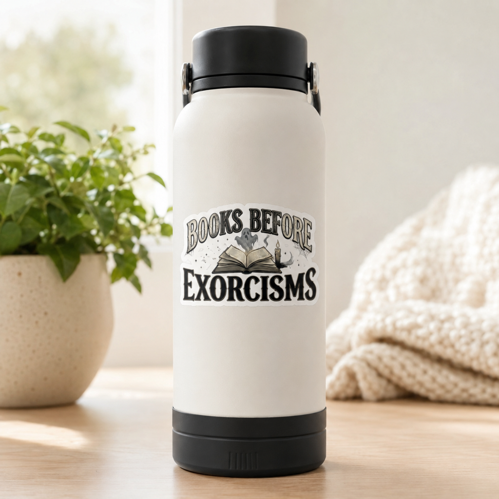 “Books Before Exorcisms” sticker with black lettering, an open book, gray ghost, candle, and cobweb, shown on a white water bottle.