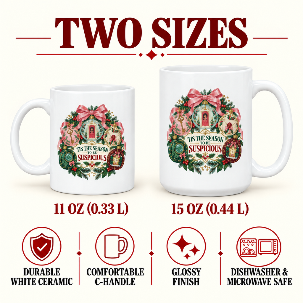 “’Tis the Season to Be Suspicious” mug specifications: 11 oz (0.33 L) and 15 oz (0.44 L), durable white ceramic, comfortable C-handle, shiny finish, dishwasher and microwave safe.