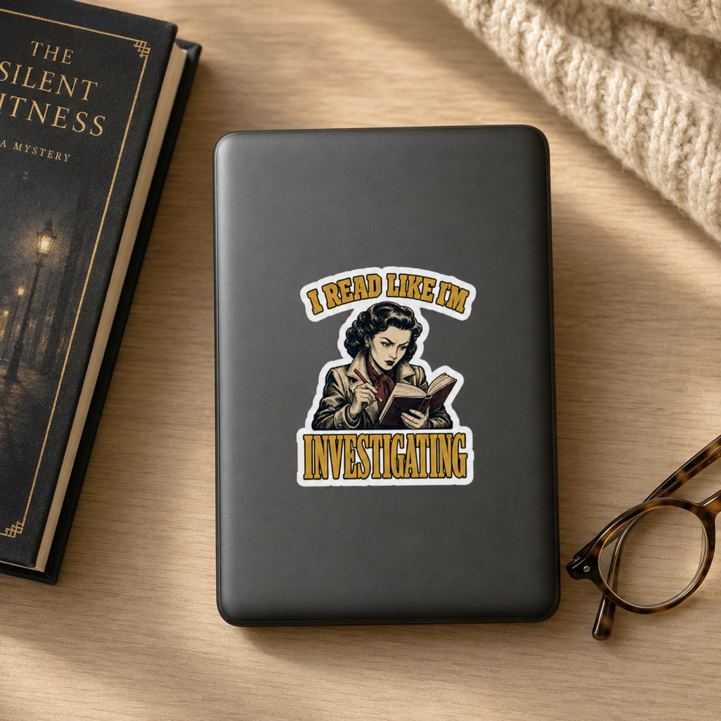 “I Read Like I’m Investigating” sticker with a retro reader taking notes while reading, framed by gold lettering, shown on a black e-reader.