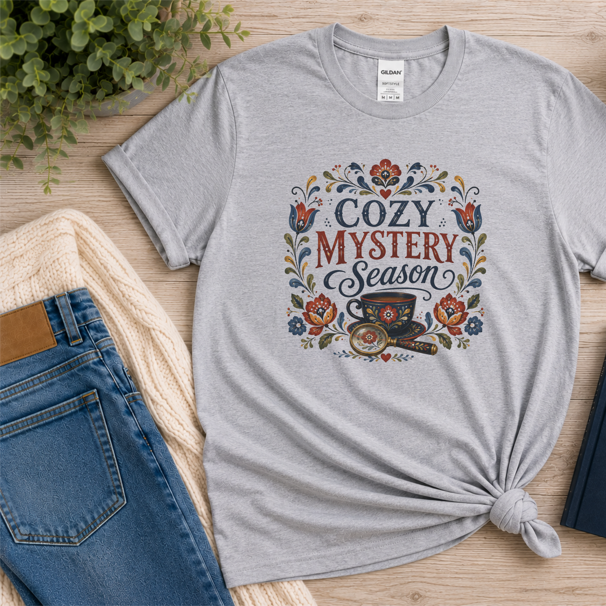 Cozy Mystery Season Shirt, Mystery Book Lover Gift, Book Club Shirt, Reading Shirt, Folk Art Bookish Tee, Cozy Reader Gift