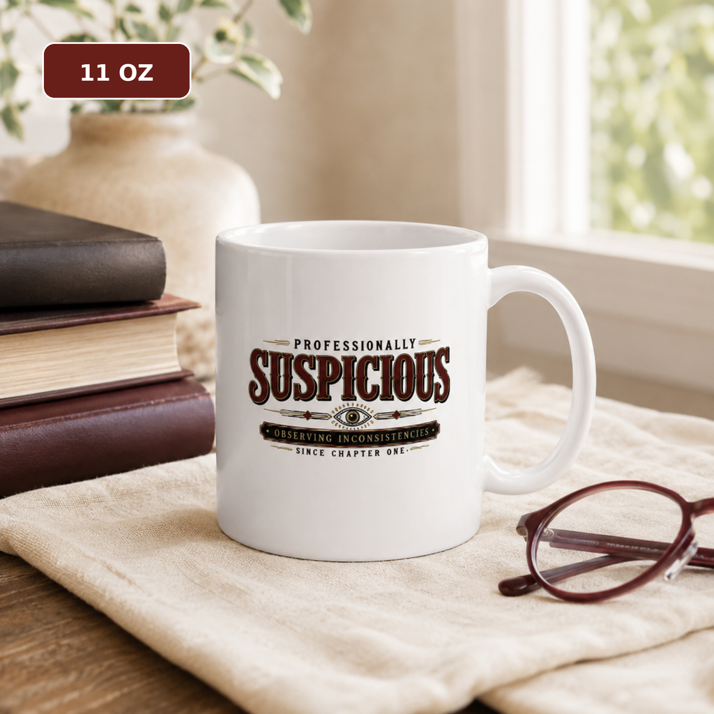 11 oz white ceramic mug reading “Professionally Suspicious—Observing Inconsistencies Since Chapter One,” on a cloth-covered table beside stacked books and glasses.