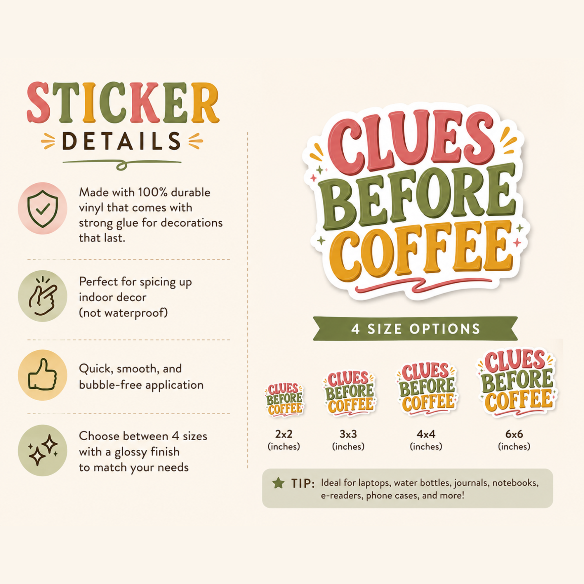 Clues Before Coffee Sticker, Mystery Reader Sticker, Cozy Mystery Gift, Book Lover Laptop Sticker, Detective Bookish Vinyl Decal