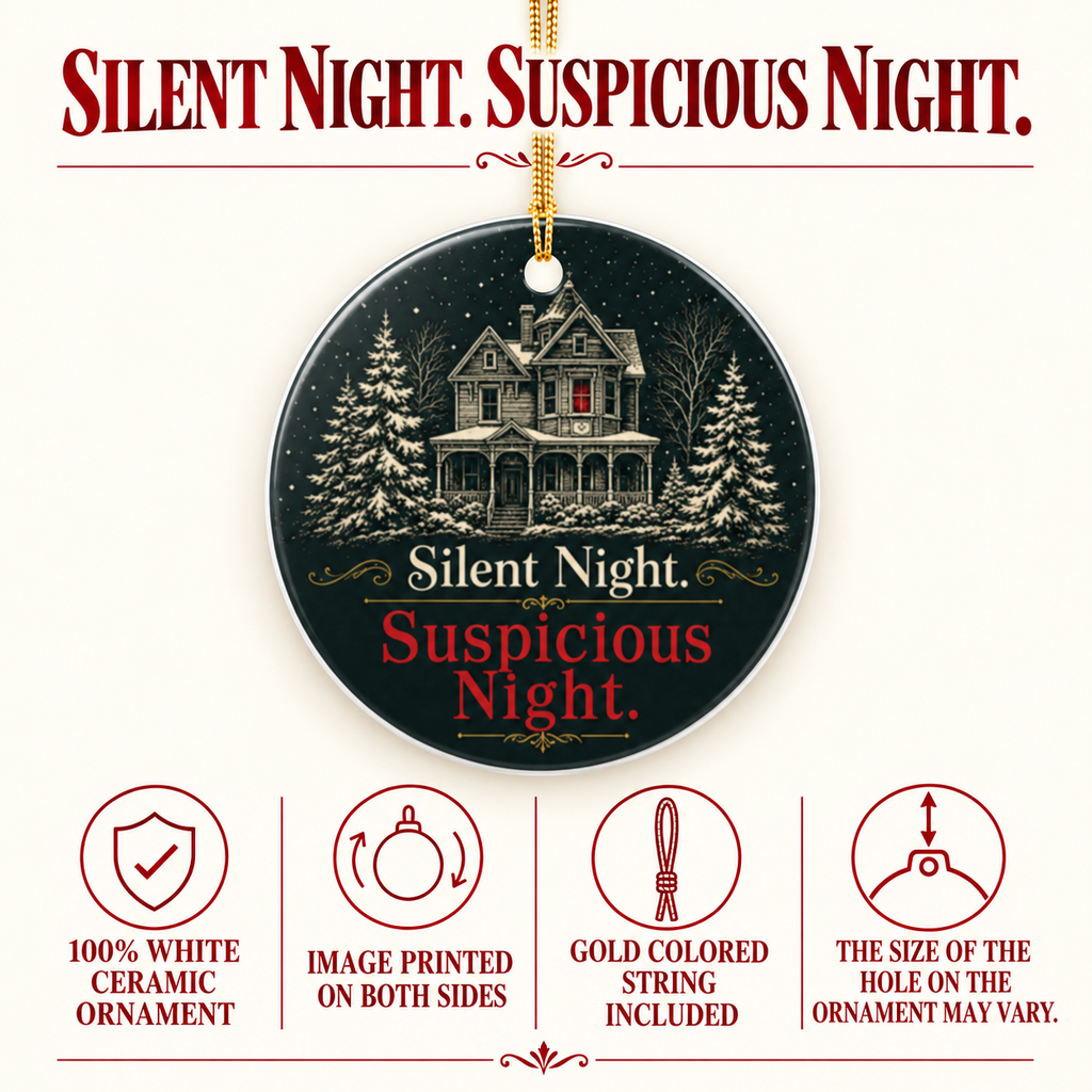 Product details for the “Suspicious Night” ornament: 100% white ceramic, image printed on both sides, gold-colored string included. Hanging-hole size may vary.