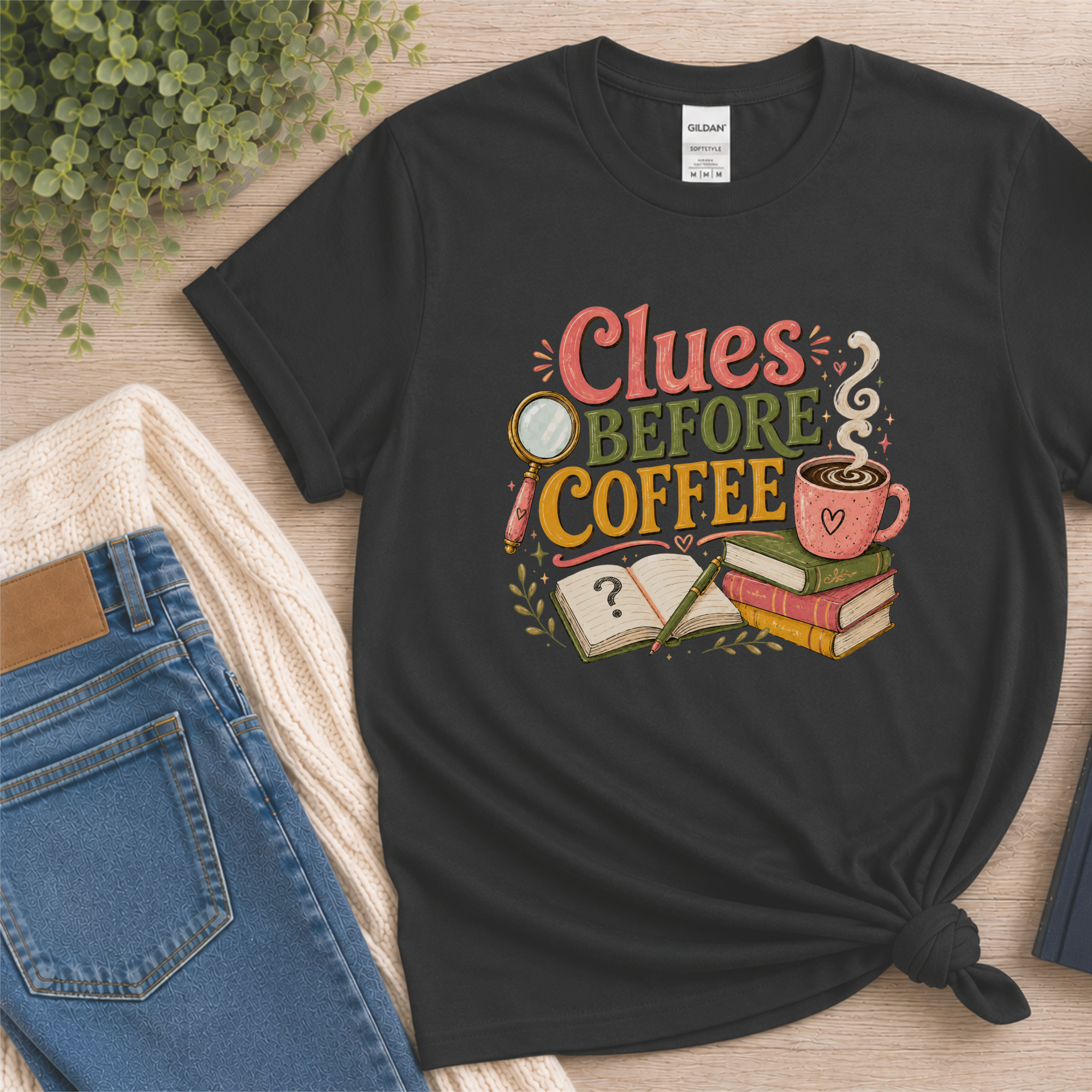 Clues Before Coffee Shirt, Mystery Reader T-Shirt, Cozy Mystery Book Lover Tee, Detective Fiction Gift, Book Club Reading Shirt