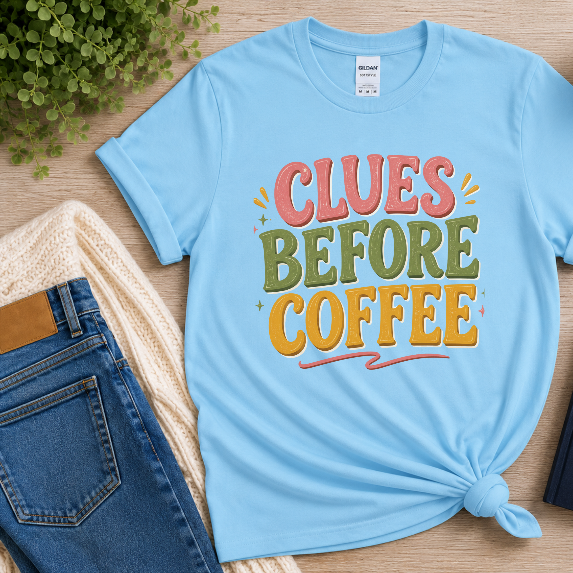 Clues Before Coffee Shirt, Mystery Reader T Shirt, Cozy Mystery Book Lover Gift, Detective Fiction Tee, Whimsical Bookish Graphic Tee