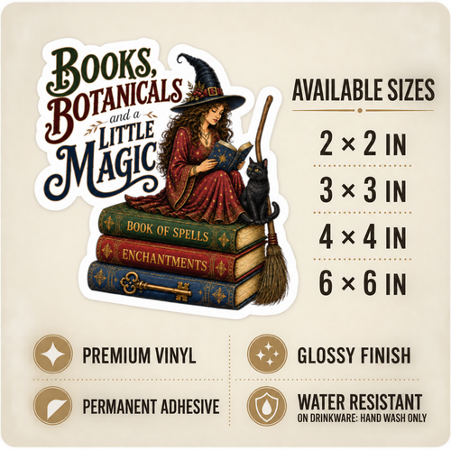 Size and care guide for the “Books, Botanicals and a Little Magic” sticker: 2 × 2, 3 × 3, 4 × 4, and 6 × 6 inches; premium vinyl, glossy finish, permanent adhesive, water resistant; hand wash only on drinkware.