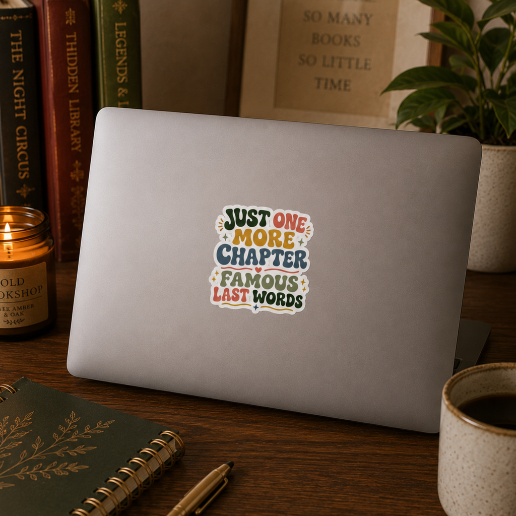 “Just One More Chapter. Famous Last Words” sticker with green, coral, gold, and blue retro lettering with hearts and sparkles, shown on a silver laptop.