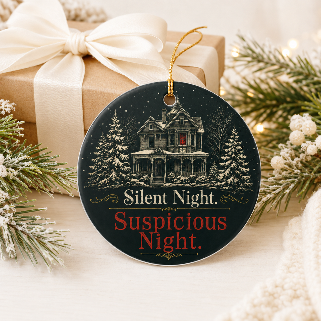 Suspicious Night Christmas Ornament, Mystery Reader Gift, Dark Academia Holiday Decor, Gothic Manor Tree Ornament for Thriller Fans